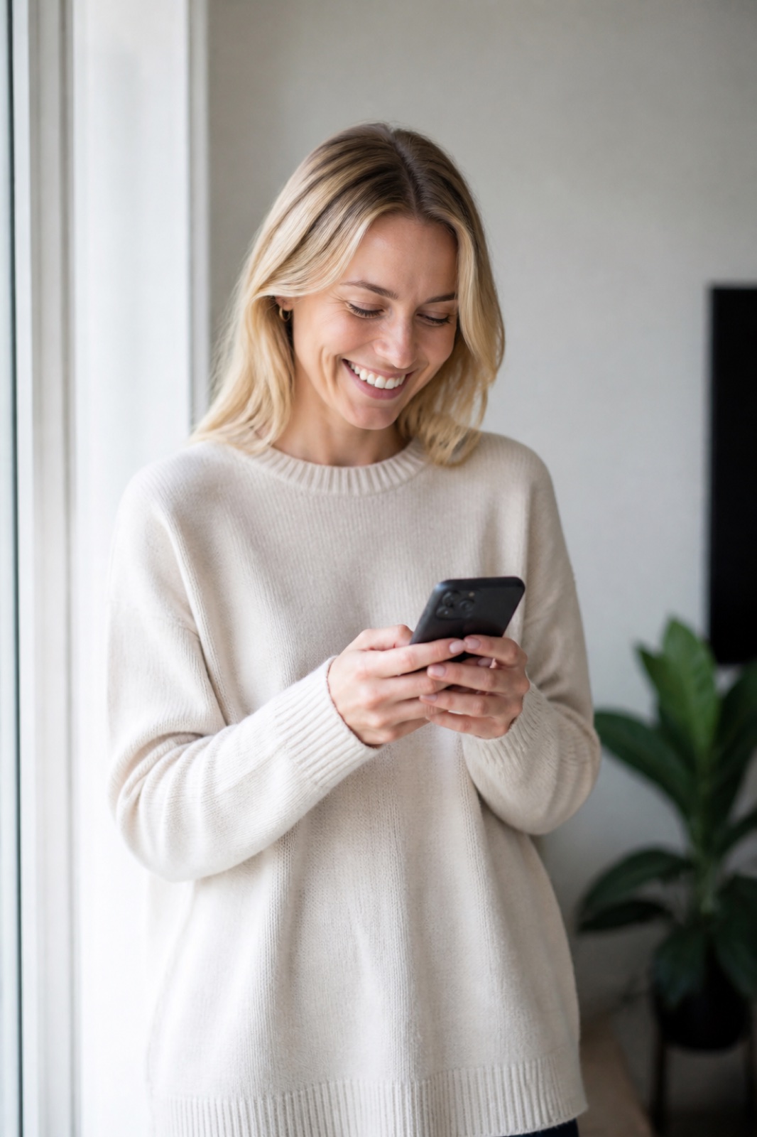 Kvinna som kollar sina avtal i mobilen